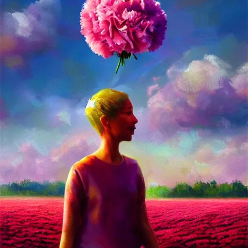 Image similar to head of carnations flower, girl walking in a flower field, surreal photography, sunrise dramatic light, impressionist painting, colorful clouds, digital painting, artstation, simon stalenhag, flower face