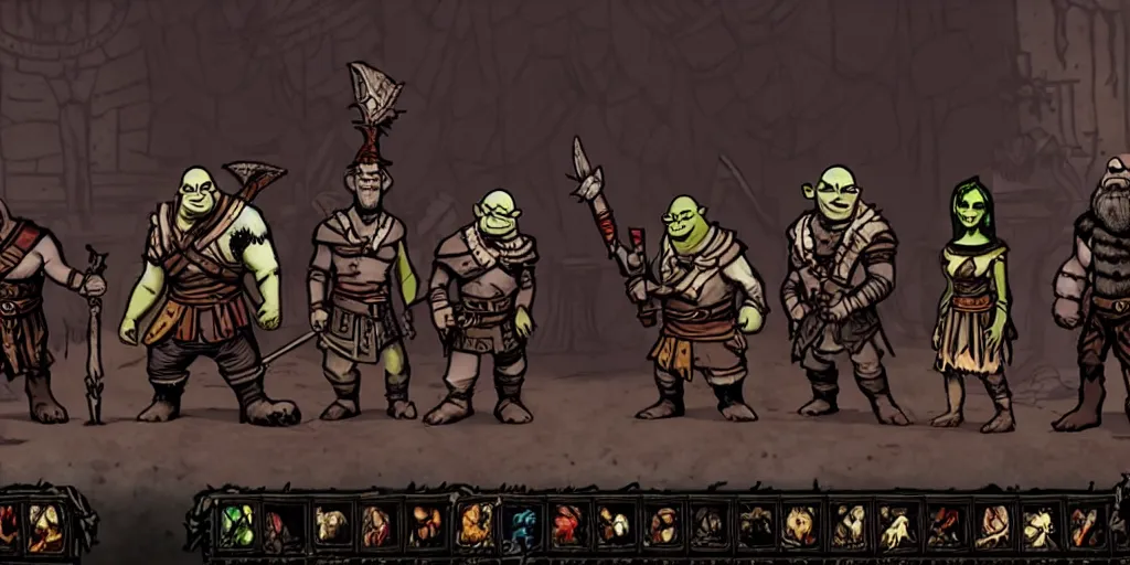 Image similar to shrek, donkey, aynami rei and kratos as characters in darkest dungeon, screenshot from the game, highly detailed, dark atmosphere