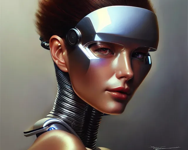 Prompt: a ultradetailed beautiful portrait painting of a stylish female cyborg, chrome plated, oil painting, by hajime sorayama, greg rutkowski and makoto shinkai, trending on artstation