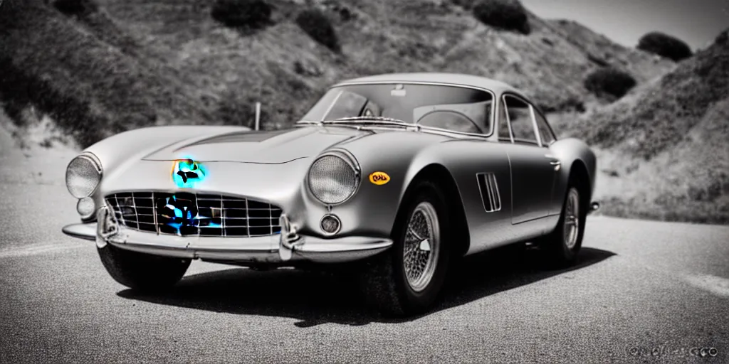 Image similar to photograph, 1958 FERRARI 250 GT, cinematic, PCH, NO badge, california coast, 8k, depth of field, bokeh.