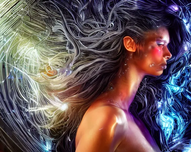 Prompt: complex cybernetic beings, glowing hair, beautiful hairy humanoids, singularity demigods, cybermagnetospheres, cybernetic civilizations, ornate hair, love, joy, bliss, vortexes, large arrays, data holograms, 8 k, cinematic light shadows, wet hdr refractions, volumetric