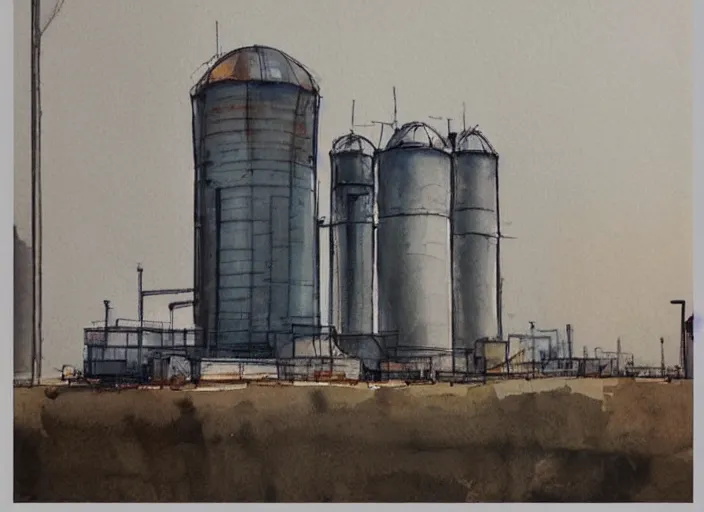 Image similar to concept art of a industrial complex silo, pinterest, artstation trending, behance, watercolor, by coby whitmore, silver, laser light,