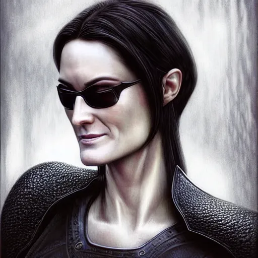 Prompt: head and shoulders portrait of a female knight, trinity, young carrie anne moss, the matrix, sunglasses, by artgerm, face detail, extremely detailed, photo