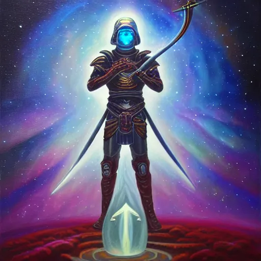 Prompt: facing the darkness with a sword in hand, galactic nebular astral realm sacred journey in oil painting, trending on artstation, award winning, emotional, highly detailed surrealist art