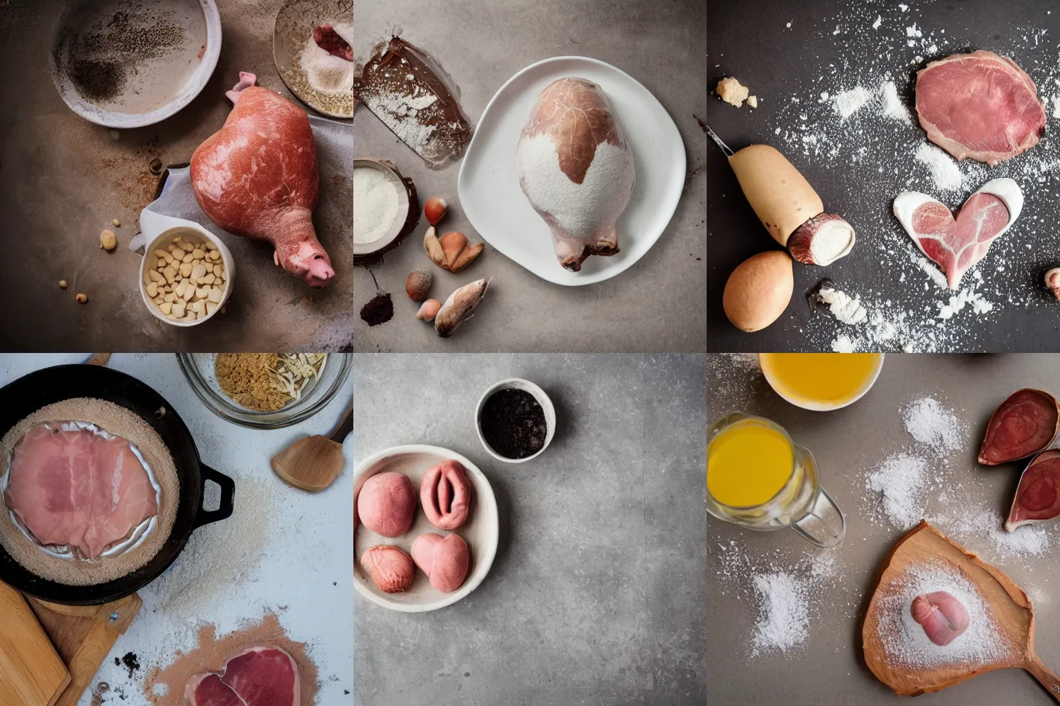Prompt: photo from above the kitchen counter with flour and a pig heart, food blog photo