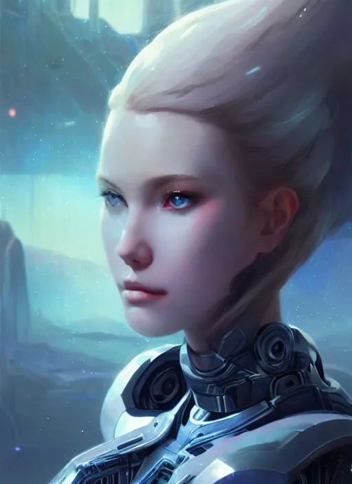 Prompt: close up pale woman in sci - fi bionic armor, looking at the camera very intensely, stoic, sparkling eyes, extremely beautiful and aesthetic and attractive detailed face and body, intricate, chiaroscuro, model pose, fantasy illustrations, light novel cover art, by makoto shinkai and jeremy lipking and ferdinand knab
