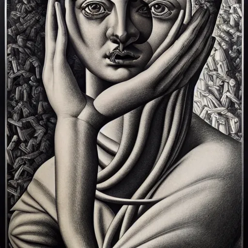 Image similar to lithography on paper conceptual figurative post - morden monumental portrait by versace and escher and hogarth, illusion surreal art, highly conceptual figurative art, intricate detailed illustration, controversial poster art, polish poster art, geometrical drawings, no blur