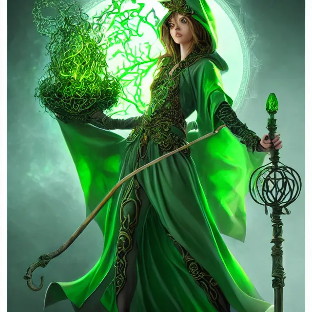 Image similar to beautiful elemental earth witch with ornate green robes and staff, highly detailed, 4 k, hdr, smooth, sharp focus, high resolution, award - winning photo, artgerm, photorealistic