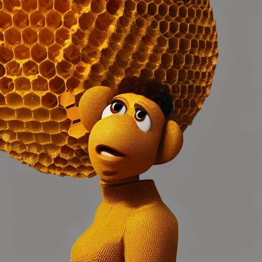 Image similar to 3d render pixar cartoon honey bee with an afro inside of a honeycomb dripping with honey hd octane render