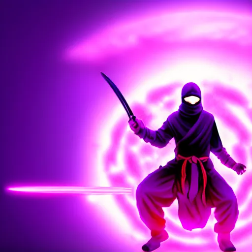 Image similar to ninja surrounded by purple aura, glowing red eyes, full body shot, menacing, stylized, octane render, artstation, digital art, digital painting, devian art