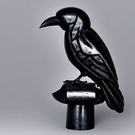 Prompt: sculpture of a black crow on a socket with celtic carvings