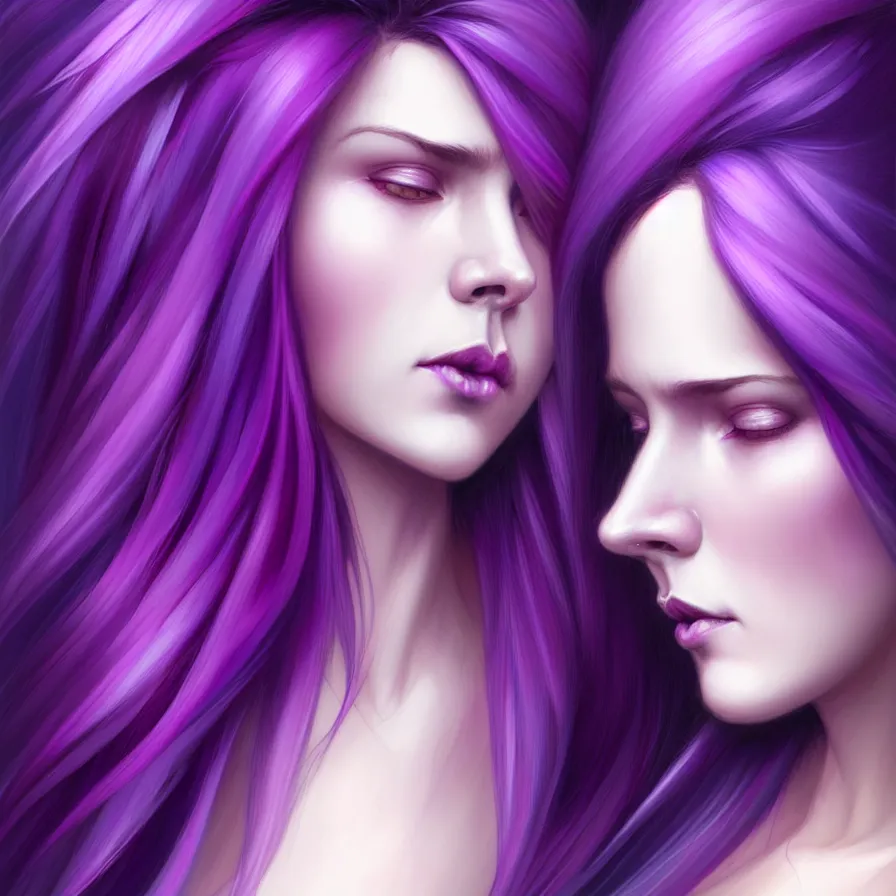 Image similar to Purple hair relistic Portrait of a two woman with bright colored flying hair, all shades of purple. Beauty face, Hair coloring, fantasy, intricate, elegant, highly detailed, digital painting, artstation, concept art, smooth, sharp focus, illustration, art by artgerm and greg rutkowski and alphonse mucha