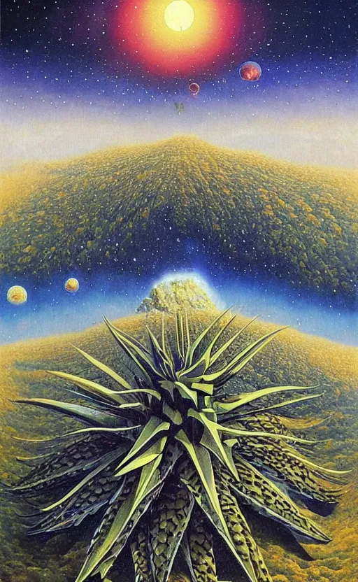 Prompt: agave amica to the moons, beautiful intricate oil painting, mountains, beautiful nebula in the sky by jacek yerka, beautiful nebula in the sky by jacek yerka