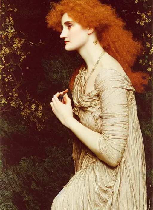 Prompt: a portrait of lisa gerrard, by edward robert hughes and frederic leighton