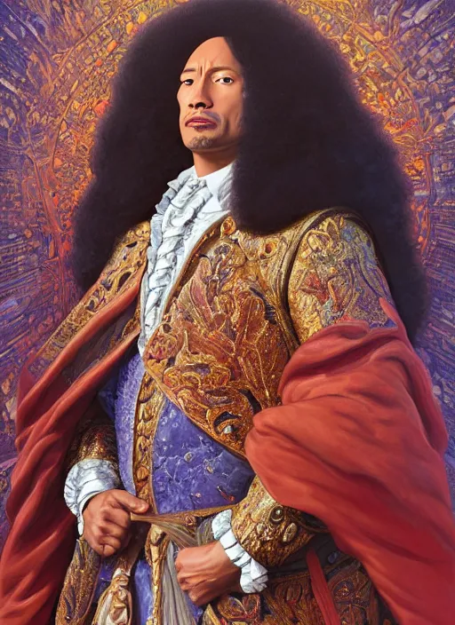 Image similar to beautiful oil painting, portrait of Dwayne the rock Johnson as Louis xiv in coronation robes 1701, Dan Mumford, Dan Mumford, Dan Mumford, Alex grey, Alex grey, lsd visuals, dmt fractal patterns, entheogen, psychedelic, hallucinogen, highly detailed, ornate, vaporwave