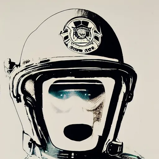 Image similar to screenprint solarized portrait of a cop in riot gear by andy warhol
