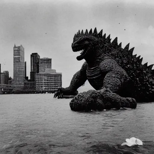 Prompt: godzilla resting in navy pier, chicago after destroying the city