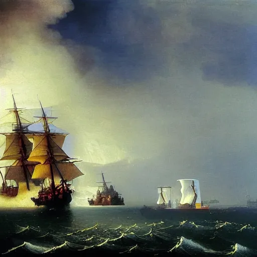 Prompt: The swedish 17th century warship Vasa sinks on her maiden voyage, painting by Aivazovsky