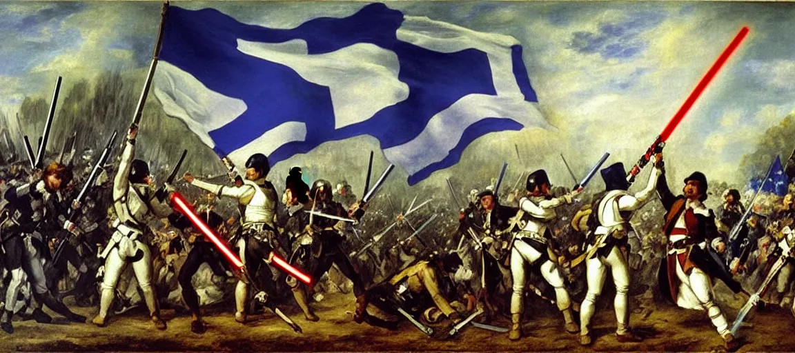 Image similar to flag, quebec fleurdelise, blue fleur - de - lis, liberty leading the people, french revolution, eugene delacroix, jedi, lightsaber, ewoks, at - st, tie - fighter, endor forest, oil on canvas