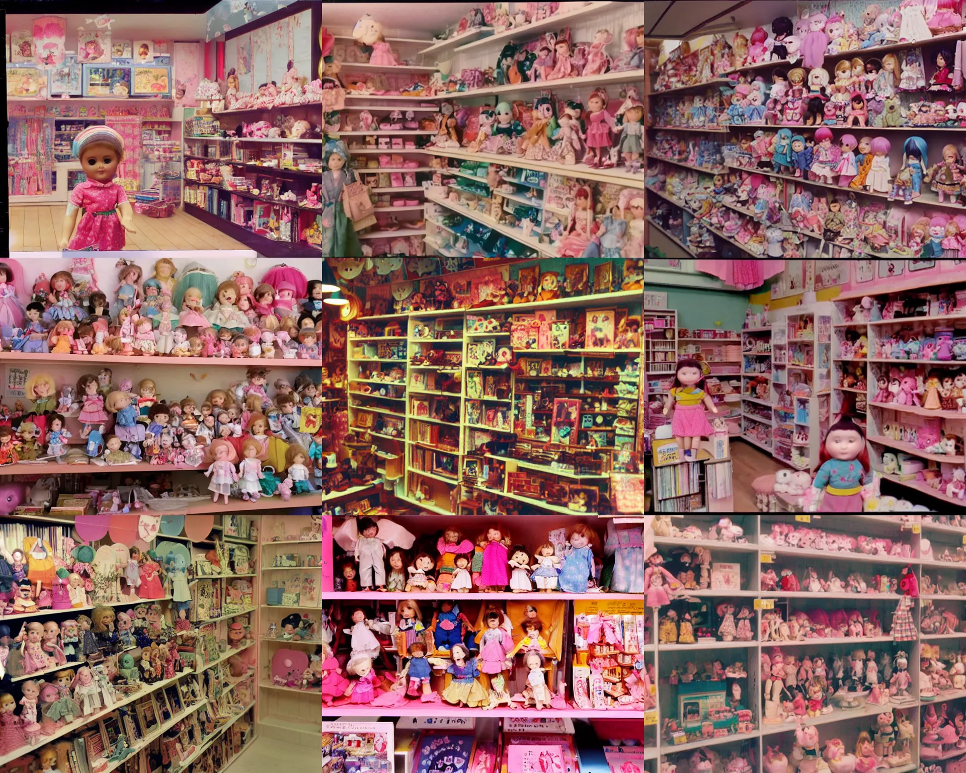 Prompt: home video footage, inside of the small doll shop in japan ; daylight, summer, color vhs picture quality