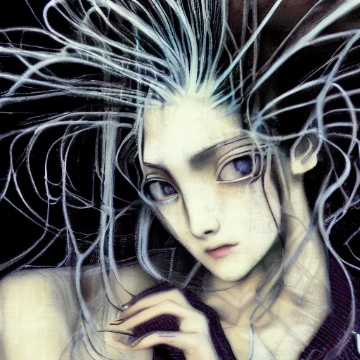 Image similar to yoshitaka amano blurred and dreamy realistic portrait of a woman with black eyes and white hair wearing dress suit with tie, junji ito abstract patterns in the background, satoshi kon anime, noisy film grain effect, highly detailed, renaissance oil painting, weird portrait angle, blurred lost edges, three quarter view