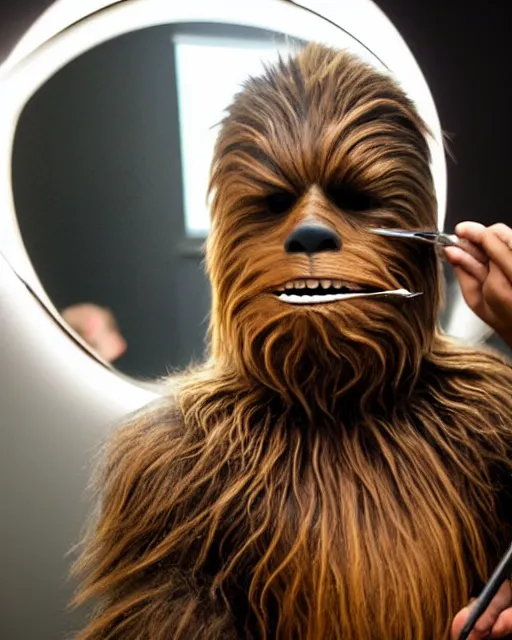 Prompt: Chewbacca shaving his face with a straight razor in front of a mirror