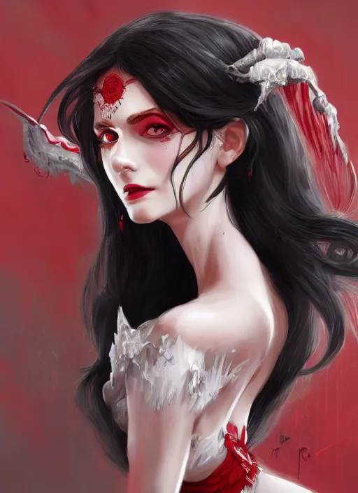 Image similar to a highly detailed illustration of beautiful long hime cut black hair white woman wearing a red dress, red eyes, dramatic smile pose, intricate, elegant, highly detailed, centered, digital painting, artstation, concept art, smooth, sharp focus, league of legends concept art, WLOP