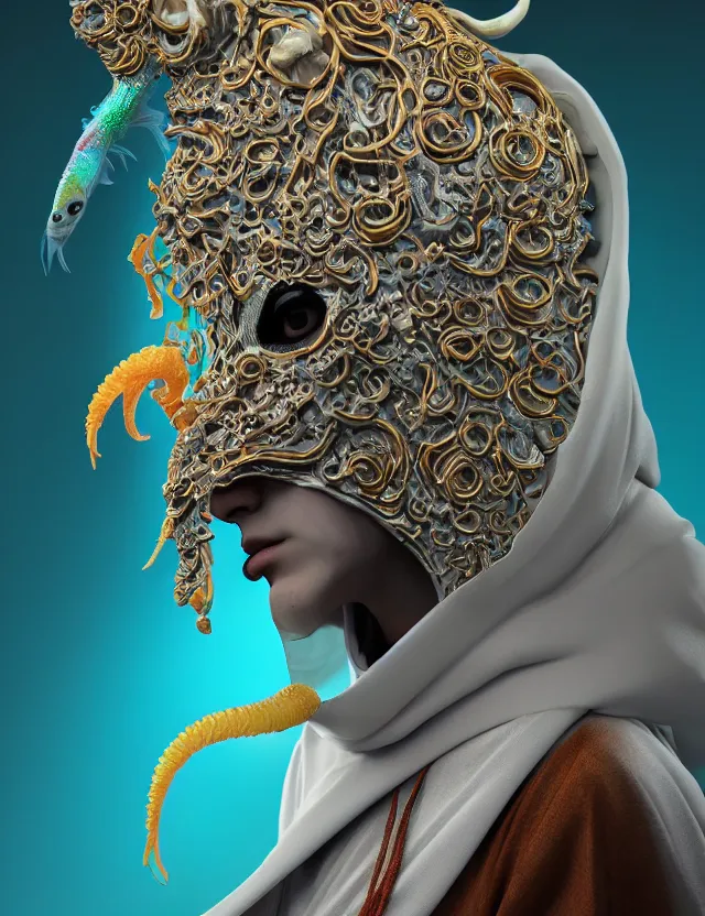 Image similar to 3 d goddess close - up profile portrait of cultist monk in hooded robe with ram skull. beautiful intricately detailed japanese crow kitsune mask and clasical japanese kimono. betta fish, jellyfish phoenix, bio luminescent, plasma, ice, water, wind, creature, artwork by tooth wu and wlop and beeple and greg rutkowski