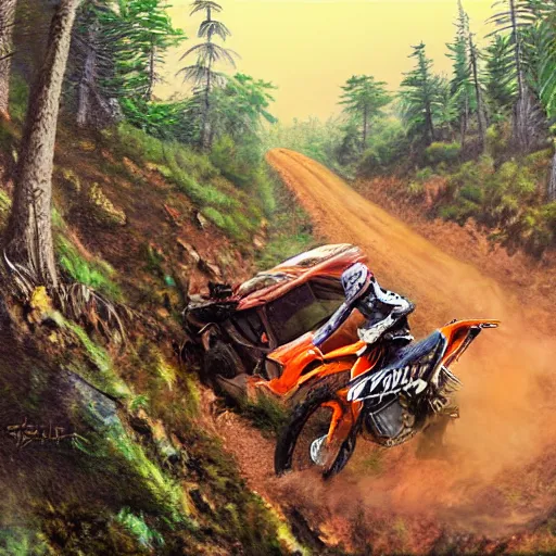 Image similar to detailed surreal digital painting of an off road motorcycle race moment, epic rider crash in the middle of a mountain view from a side, ktm, forest