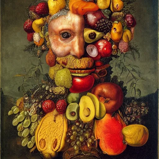 Prompt: a head made out of fruit by giuseppe arcimboldo, oil on canvas