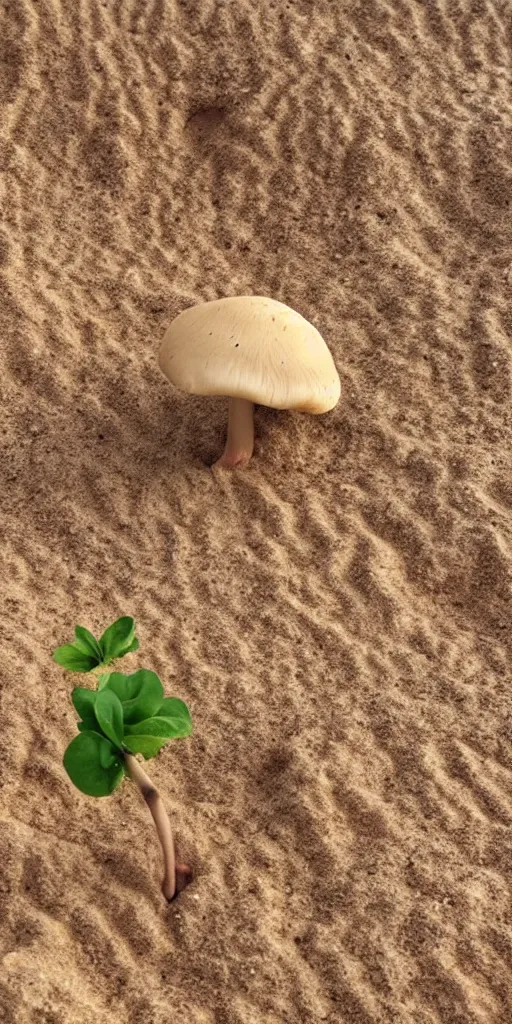 Prompt: real iphone photo of a mushroom growing in the desert sand