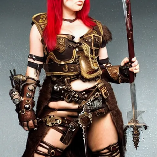 Prompt: photo of a female steampunk barbarian warrior