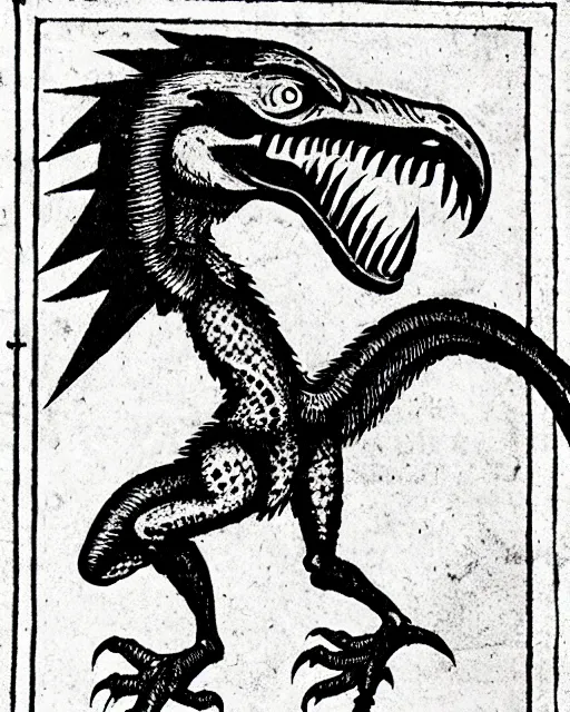 Prompt: b & w woodcut of a velociraptor from the nuremberg chronicle, 1 4 9 3, restored, hq scan