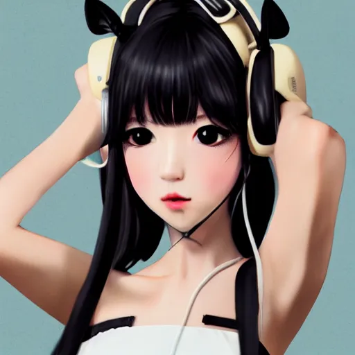 Image similar to realistic detailed semirealism beautiful gorgeous natural cute excited happy Blackpink Lalisa Manoban black hair black cat ears, wearing white camisole outfit, headphones, black leather choker artwork drawn full HD 4K high resolution quality artstyle professional artists WLOP, Aztodio, Taejune Kim, Guweiz, Pixiv, Instagram, Artstation