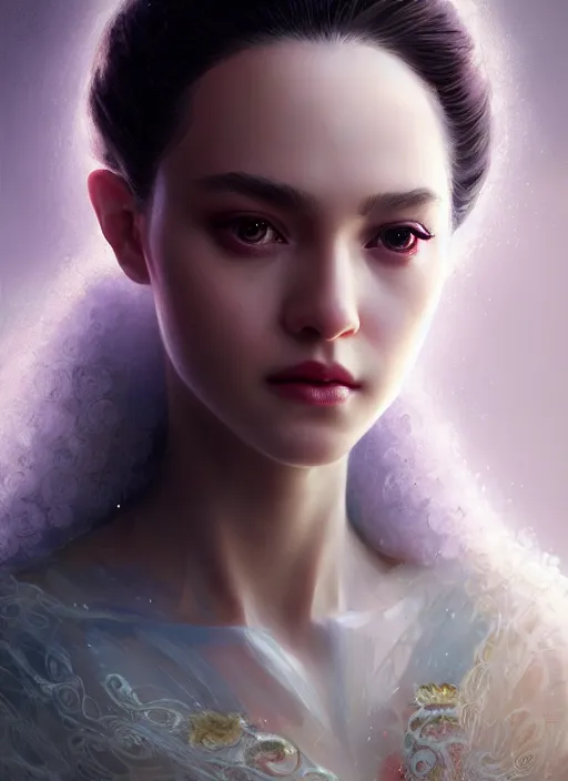 Prompt: portrait of royal princess, intricate silk clothing, beautiful face, big lips, small forehead, fantasy, digital illustration, hyperealisism, award winning, octane renderer, warm cinematic lighting, particles, style of wlop, greg rutkowski, ruan jia, artgerm, yasar vurdem, symmetrical face