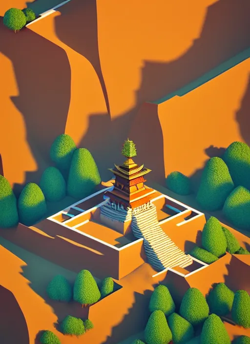 Prompt: a low poly isometric render of bhutan in the style of monument valley, intricate, elegant, smooth shading, soft lighting, illustration, simple, solid shapes, by magali villeneuve, jeremy lipkin and michael garmash, rob rey and kentaro miura style, octane render