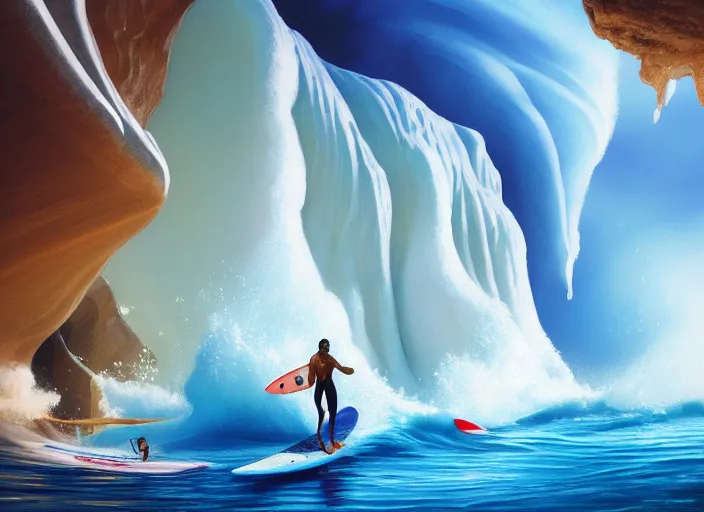 Prompt: a beautiful digital painting of a Hawaiian Warrior in a white and royal blue luxurious surfer suit, surfing a dangerous tsunami at Antelope Canyon on a chic surfboard at Pamukkale, thermal waters flowing down gold travertine terraces by greg rutkowski, award winning photo, trending on artstation, highly detailed, unreal engine, octane render