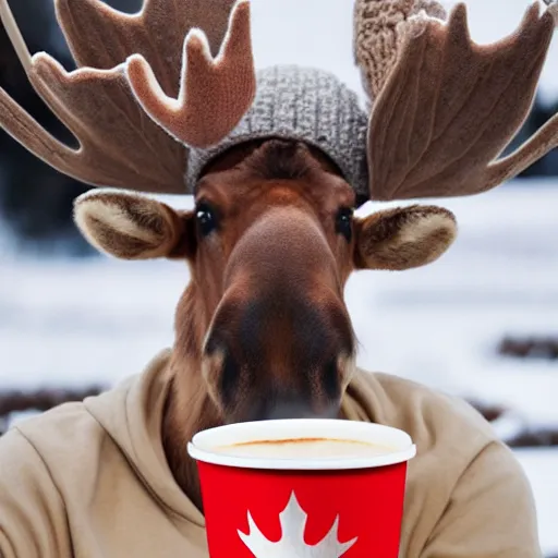 Prompt: a moose with maple leaf antlers wearing a hoodie selling coffee at a stand, coffee in red cups, realistic, 8 k
