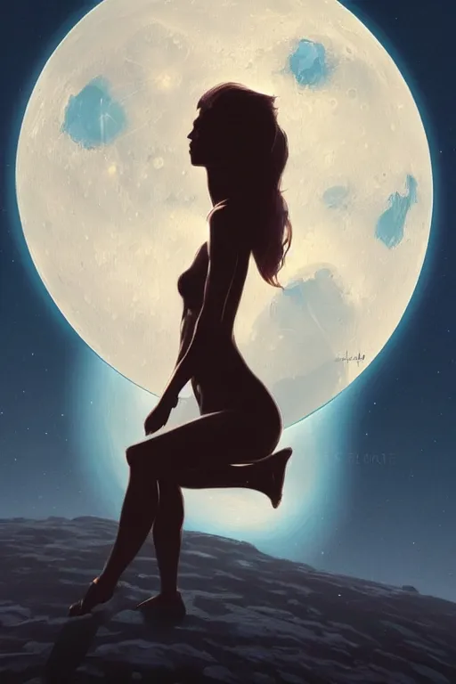 Image similar to Silhouette of a woman sitting on the moon with a view of the earth in the background, elegant, digital painting, highly detailed, artstation, concept art, smooth, sharp focus, illustration, art by artgerm and greg rutkowski.