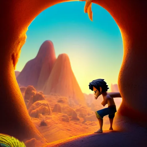 Image similar to profile view of young heroic aladdin as nendoroid walking in a desert in the croods movie style, anime, disney, pixar, 8 k, hd, dof, kodak film, volumetric lighting, subsurface scattering, photorealistic, octane render, details