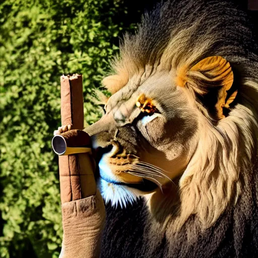 Image similar to a very detailed photo of a lion ( smoking a cigar ) outside the mansion by the pool