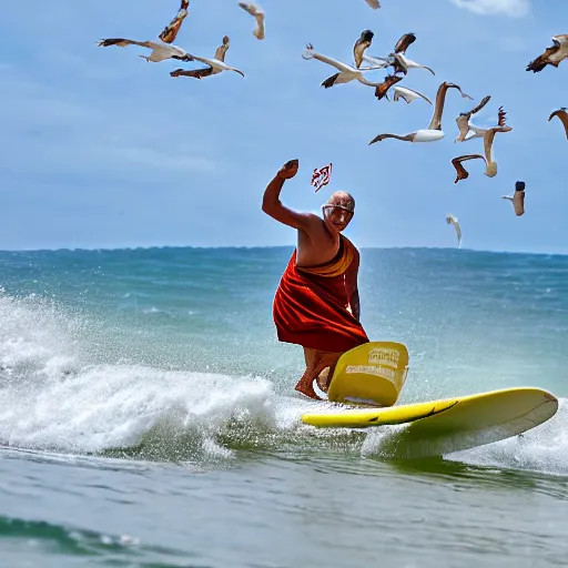 Prompt: professional photo of the Dalai Lama winning a surfing competition at Waikiki beach, 4k resolution, setting sun and huge flock of birds in the background