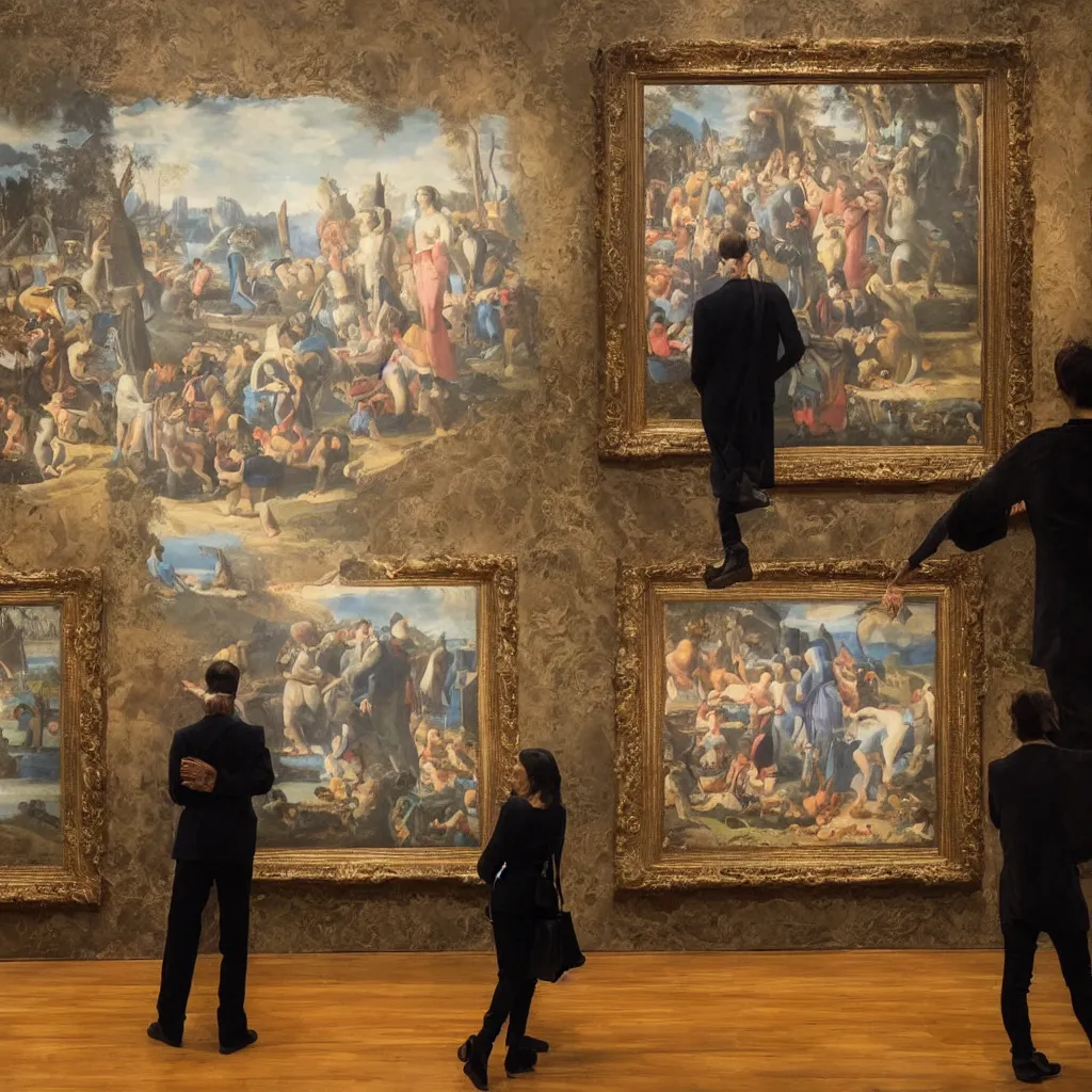 Prompt: an art lover at an exhibition looking at the most famous painting in the world