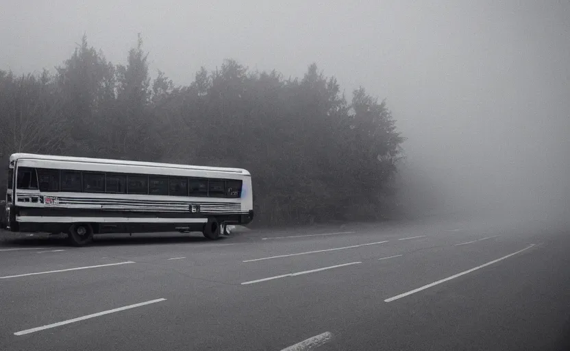 Image similar to exterior traveling greyhound bus circa 2 0 1 5, being john malcovich directed by charlie kaufman ( 2 0 0 1 ), shot with 2 4 mm lens anamorphic lenses, dp hoyte, foggy volumetric light morning, cinematic mood, 3 5 mm kodak film