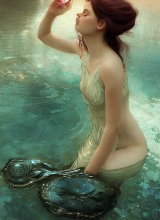 Prompt: hyper realist matte digital painting of a young beautiful woman, beautiful face, jugendstill, floating in water, bubbles rising, seaweed, fairytale, fantasy art, photo realistic, dynamic lighting, artstation, volumetric lighting, by mucha, by charlie bowater, by karol bak, by alma tadema