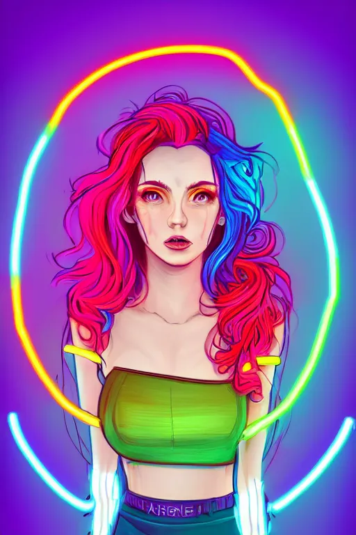 Prompt: a award winning portrait of a beautiful woman with stunning eyes in a one off shoulder croptop and cargo pants with rainbow colored hair, outlined by whirling illuminated neon lines and fine lines swirling in circles by ossdraws, digital art, trending on artstation