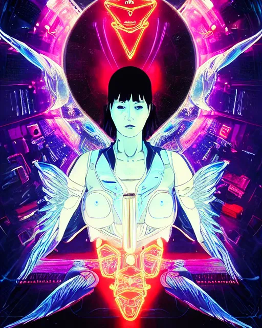 Image similar to white arc - angel with mystic robotic wings, blade runner, akira, ghost in the shell, 2 0 7 7, style of laurie greasley and satoshi kon + symmetric lights and smoke, psychedelic effects, glowing particles, neon rain, glowing runes, de - noise, symmetrical composition, high detailed + tarot card, ornate border, 8 k,