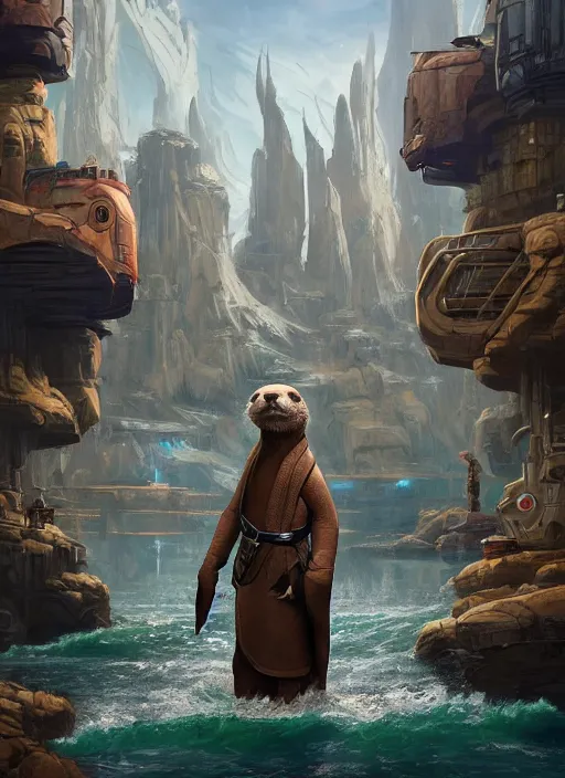 Image similar to portrait, anthropomorphic otter fursona wearing Jedi robes in a futuristic river town. Dramatic lighting, cinematic, establishing shot, extremely high detail, photo realistic, post processed, artstation, matte painting, style by eddie mendoza, raphael lacoste, alex ross