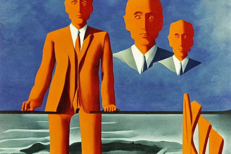 Prompt: surreal art of portrait of rod serling on a boat, on a river, with tangerine colored trees and marmalade colored skies in the style of max ernst, rene magritte
