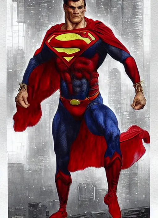 Image similar to portrait of crossfit bodybuilder fitness sprinter superman!, futuristic detailed ornate cyberpunk costume!, red and black costume!!!, pale skin!, no logo!!!, painted art by tsuyoshi nagano, greg rutkowski, artgerm, alphonse mucha, spike painting